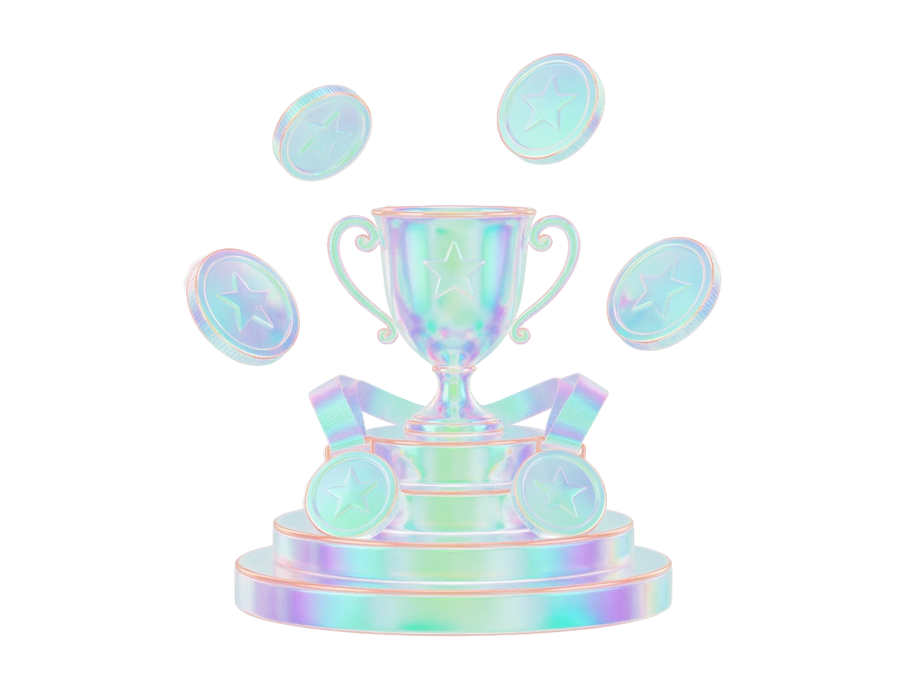 A trophy cup on a podium with star medals and tokens
